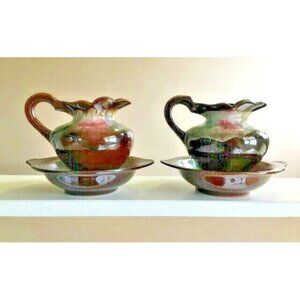 4 Piece Set Ceramic Drip Glaze Pottery 2 Pitchers & 2 Plates 4.5" x 4" Japan VTG